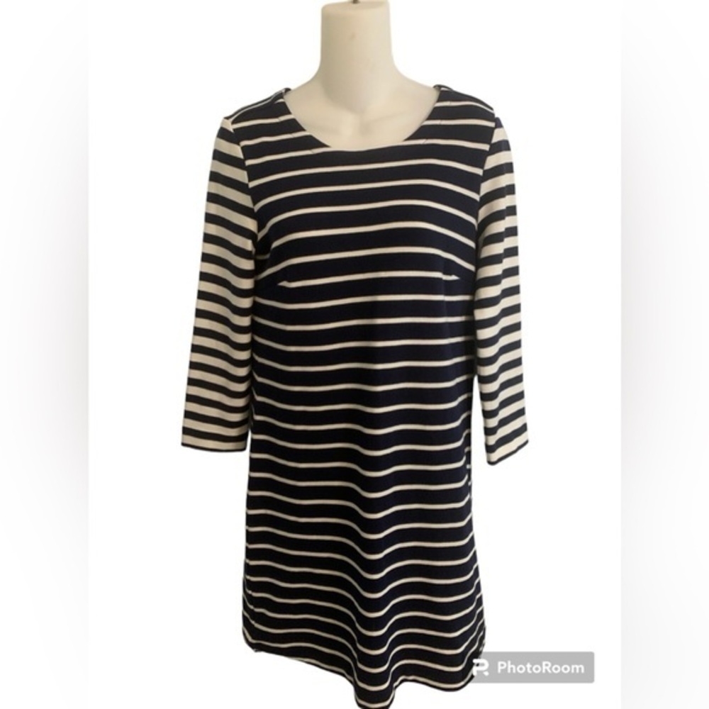 J. Crew Navy Blue & White Stripe 3/4 Sleeve Nautical Maritime Dress Size XS